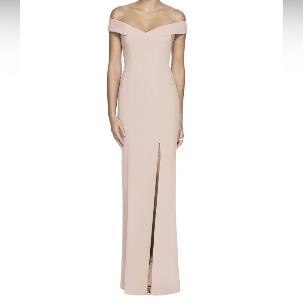 DESSY COLLECTION OFF-THE-SHOULDER CRISS CROSS BACK TRUMPET GOWN IN CAMEO